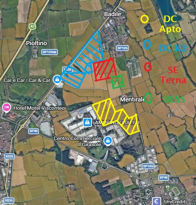 Nella mappa realizzata dal Comitato Ciarlasco, la zona di Lacchiarella dove dovrebbero essere realizzati i nuovi “magazzini digitali”