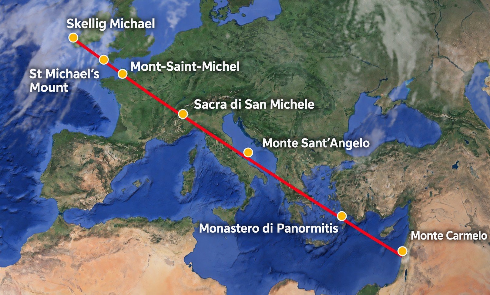 La cosiddetta “linea sacra di san Michele”, che unisce sette luoghi di culto, dalla Terra Santa all'Irlanda