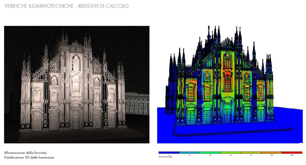 Il "rendering" di come sarà l'illuminazione della facciata del Duomo