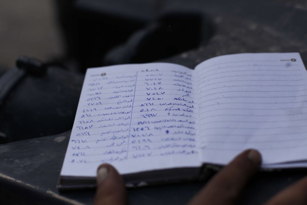 Agenda di un miliziano del Daesh trovata tra le macerie della sua casa. L’agenda contiene nomi e numeri di altri miliziani