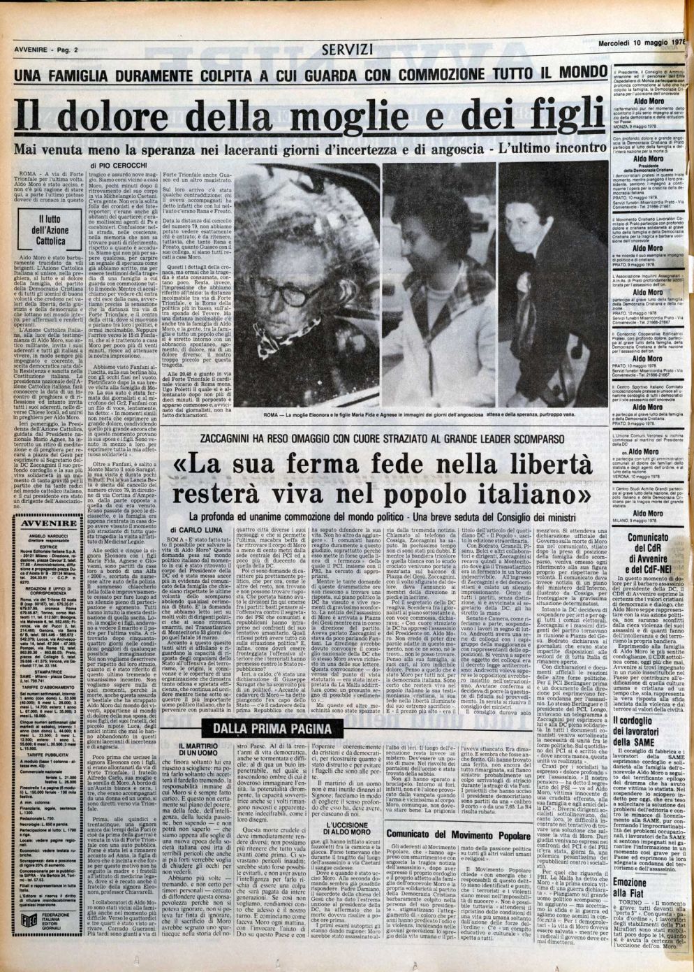 Il dolore della famiglia nella terza pagina di Avvenire del 10 maggio 1978