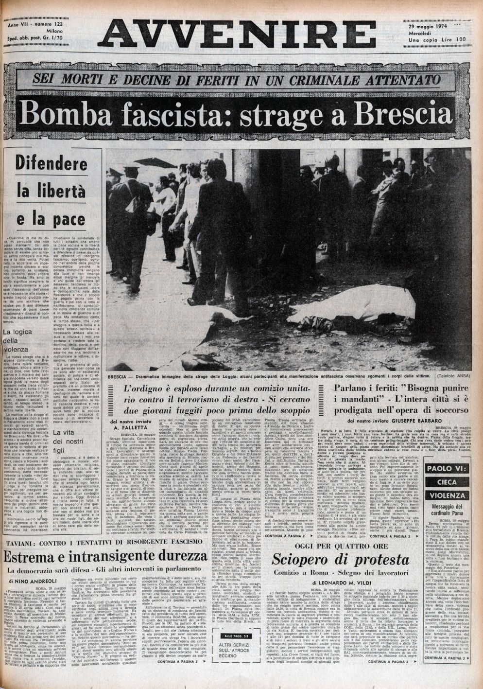 A fianco la prima pagina di "Avvenire" del 29 maggio