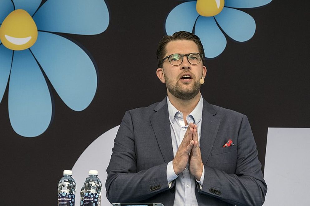 Jimmie Åkesson, leader dei Democratici svedesi, formazione populista e xenofoba al secondo posto nei sondaggi per le elezioni europee del 26 maggio