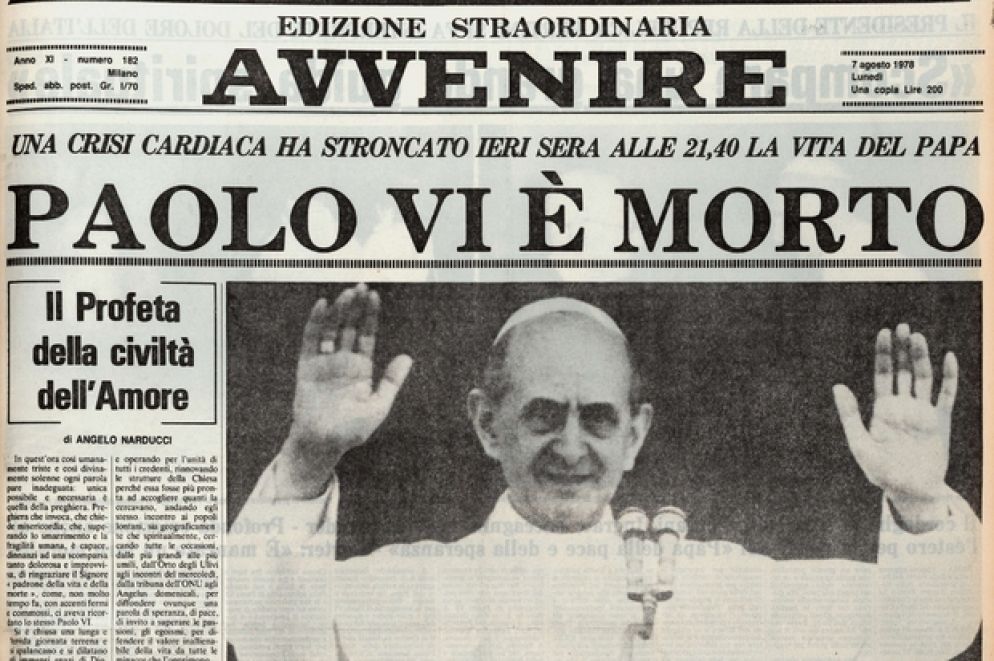 La prima pagina dell'edizione straordinaria di Avvenire per la morte di Paolo VI, avvenuta il 6 agosto 1978