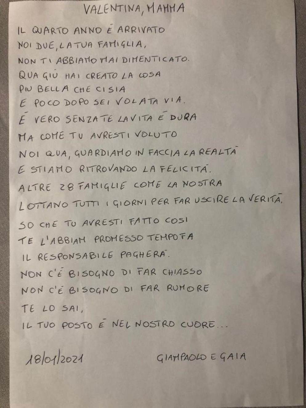Il testo della poesia dedicata a Valentina Cicioni, una delle 29 vittime della tragedia di Rigopiano, dal marito e della figlia.
