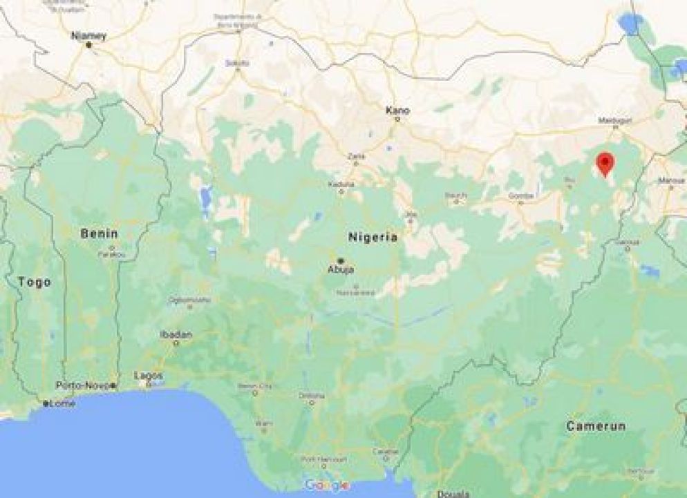 La cartina della Nigeria, il localizzatore rosso indica il villaggio di Pemi, nello Stato del Borno - Google Maps