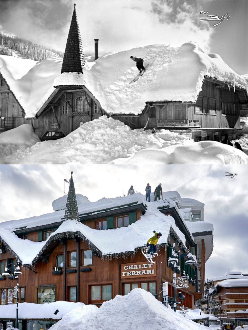 Il salto sugli sci, icona di Madonna di Campiglio, ripetuto dopo 70 anni - La foto sopra in bianco e nero, scattata 70 anni fa, è di Giovanni Battista Luconi Bisti, la foto sotto di Paolo Luconi Bisti