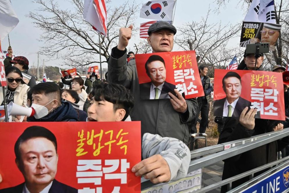 Sostenitori del presidente sudcoreano in piazza - ANSA