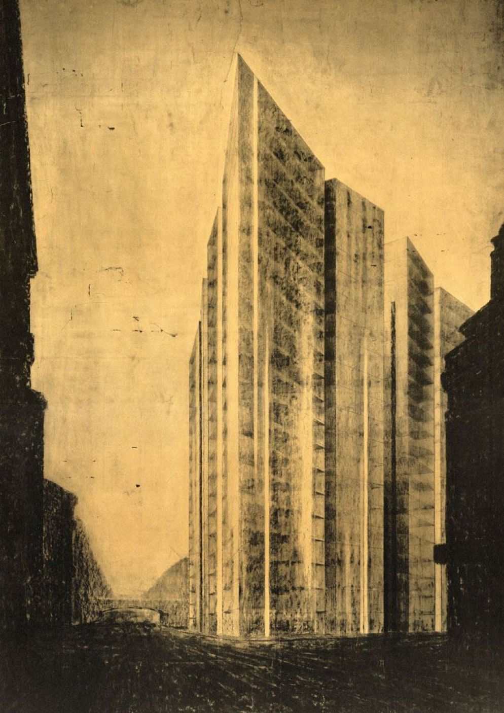Le torri vetrate disegnate da Ludwig Mies van der Rohe per la Friedrichstrasse a Berlino nel 1921 - WikiCommons