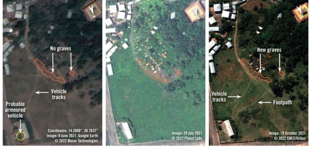Le immagini satellitari del 9 giugno, 29 luglio e 19 ottobre 2021 a confronto: l'area della chiesa di san Giorgio a Kobo, in Etiopia. L'immagine più recente mostra alcune sepolture nuove, non presenti prima e nel luogo in cui testimoni hanno detto ad Amestu International di aver seppellitto alcuni dei civili uccisi il 9 settembre. - Amnesti International