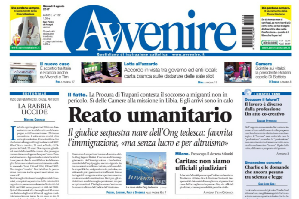 La prima pagina di Avvenire del 3 agosto 2017