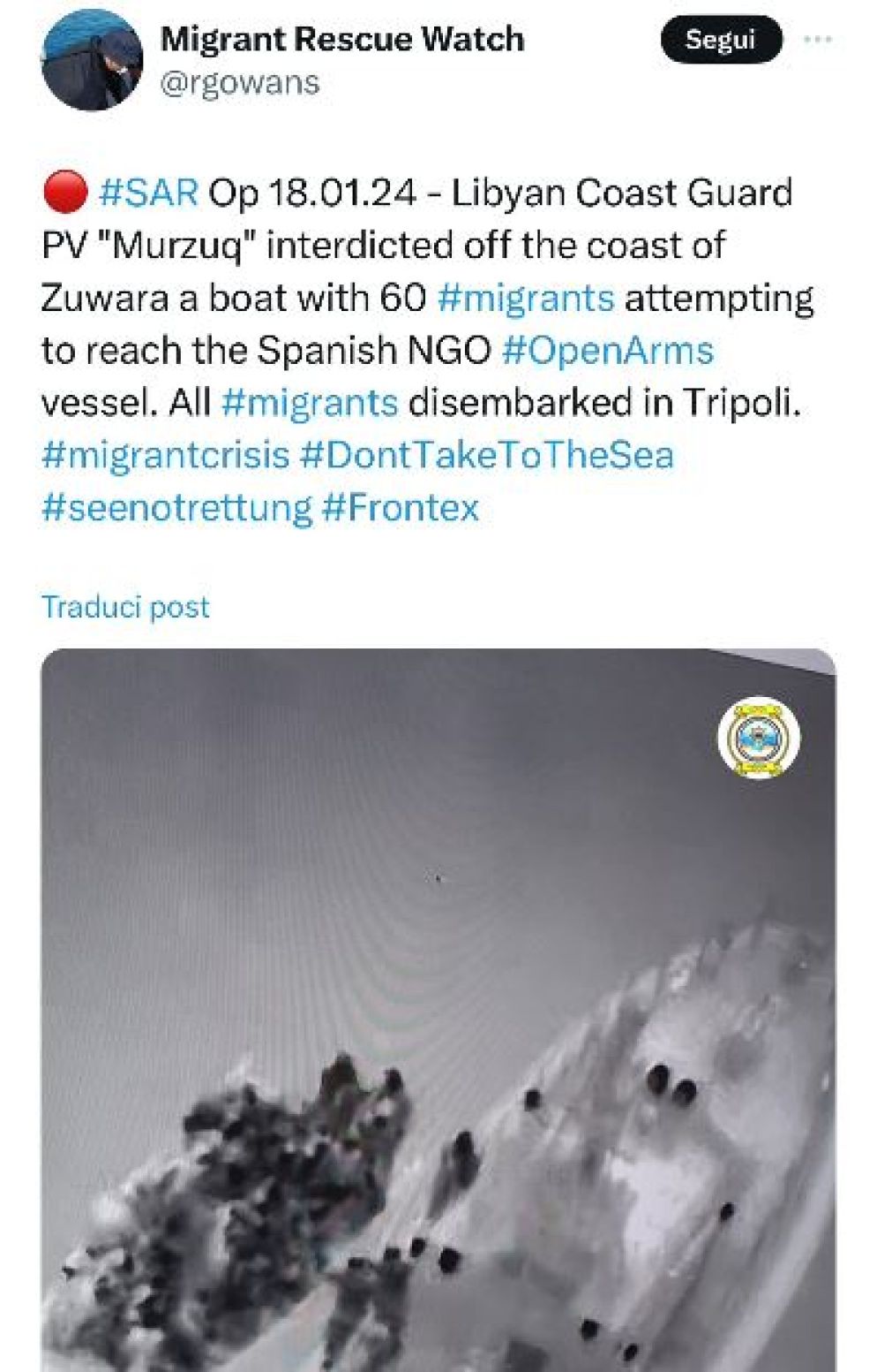 Uno dei post di @rgowans con cui pubblica immagini scattate da un velivolo militare di sorveglianza - .