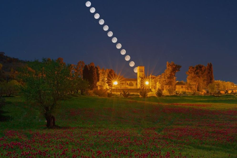 Il sentiero della luna sul campo di tulipani selvatici. Sullo sfondo il Santuario della Madonna dell'Olio, Blufi, Sicilia - @ Dario Giannobile