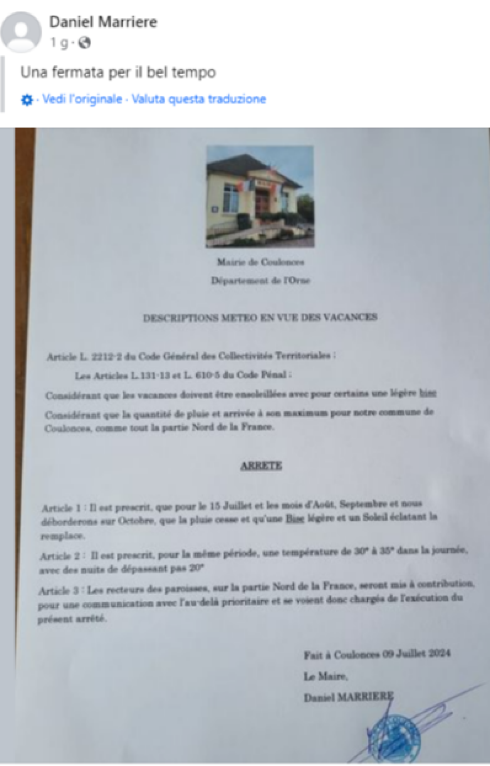 Il post su Facebook - Facebook