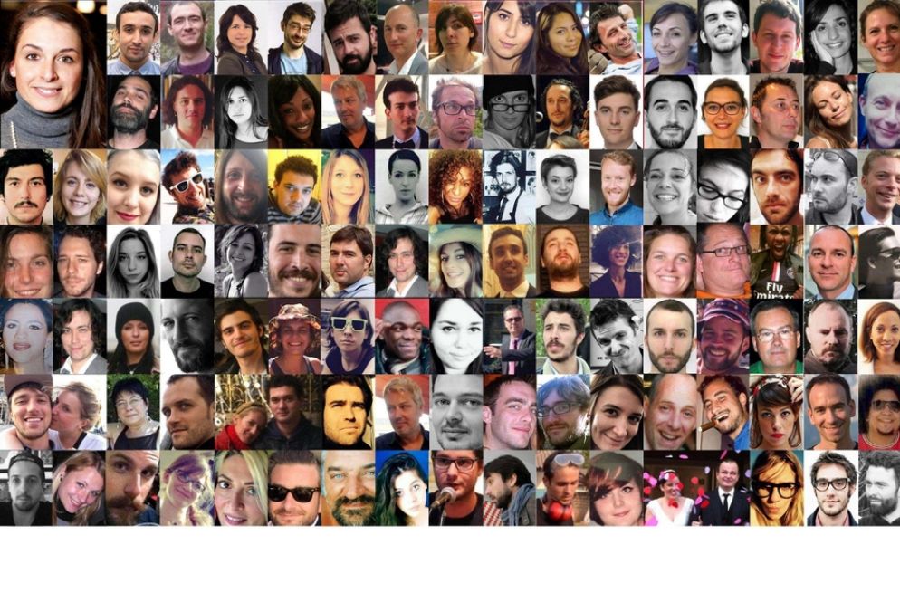 Un collage dei volti delle vittime della strage del Bataclan - Ansa