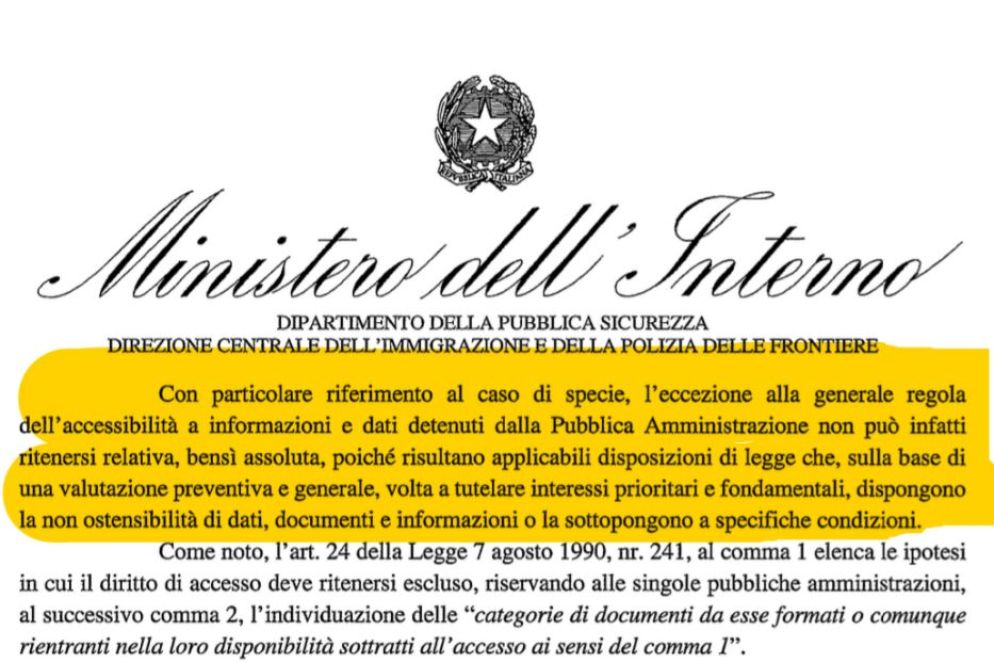 Uno dei documenti ministeriali con ui si rifiutadi spiegare le motivazioni dell'assegnazione di porti lontani - undefined