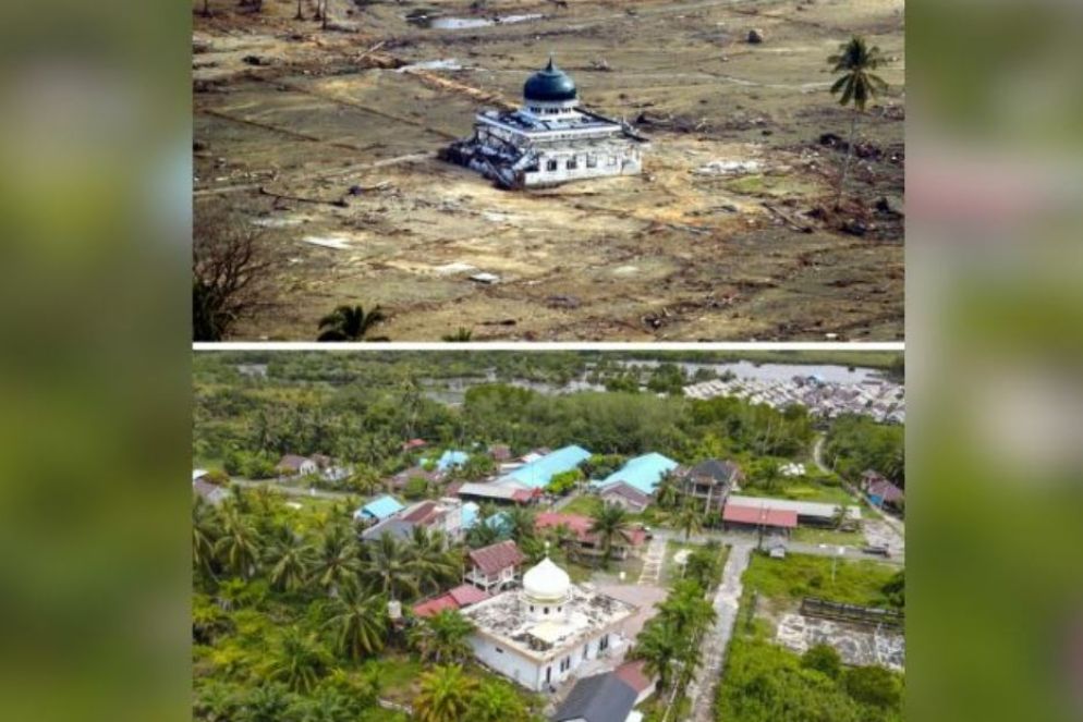 Vent’anni dopo restano pochi segni visibili del passaggio dell’onda di tsumani sulla moschea di Kuala Bubon nella provincia indonesiana di Aceh - Ansa