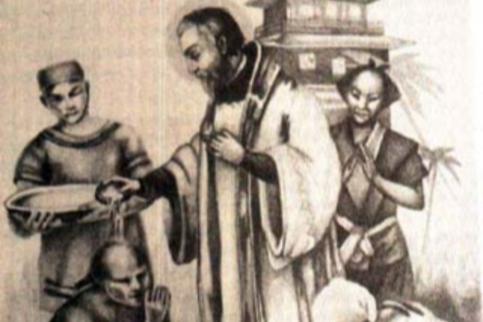 Un'antica stampa che ritrae il gesuita e futuro beato Girolamo De Angelis (1568-1623) mentre battezza dei giapponesi convertiti al cattolicesimo - +