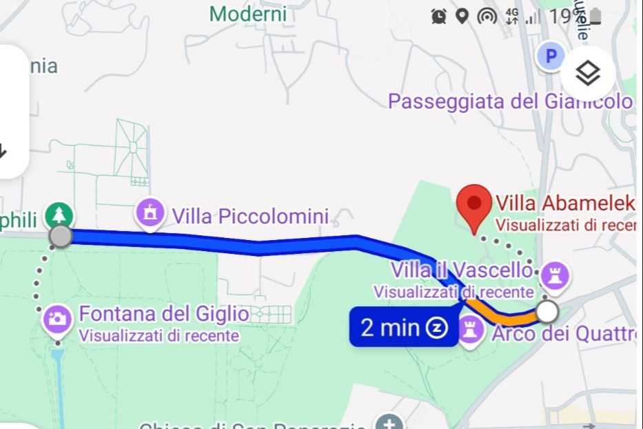 La distanza tra Villa Abamelek e la Fontana del Giglio - da Google Maps