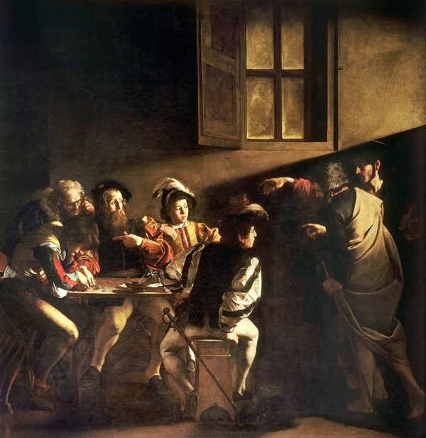 Michelangelo Merisi da Caravaggio, Vocazione di san Matteo, 1599-1600, olio su tela, 322×340 cm, San Luigi dei Francesi, Roma