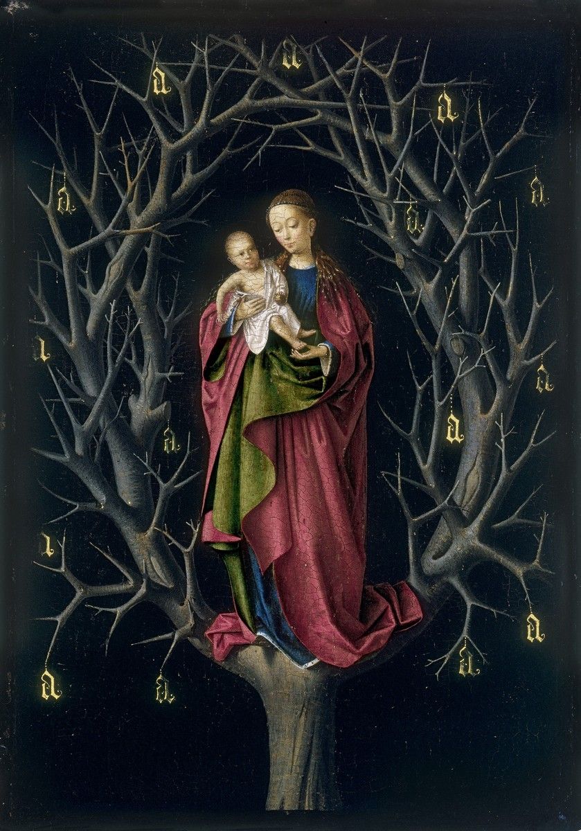 Petrus Christus, Madonna dell'albero secco, pittura a olio su tavola di quercia, 14,7 x 12,4 cm. Museo Thyssen-Bornemisza, Madrid
