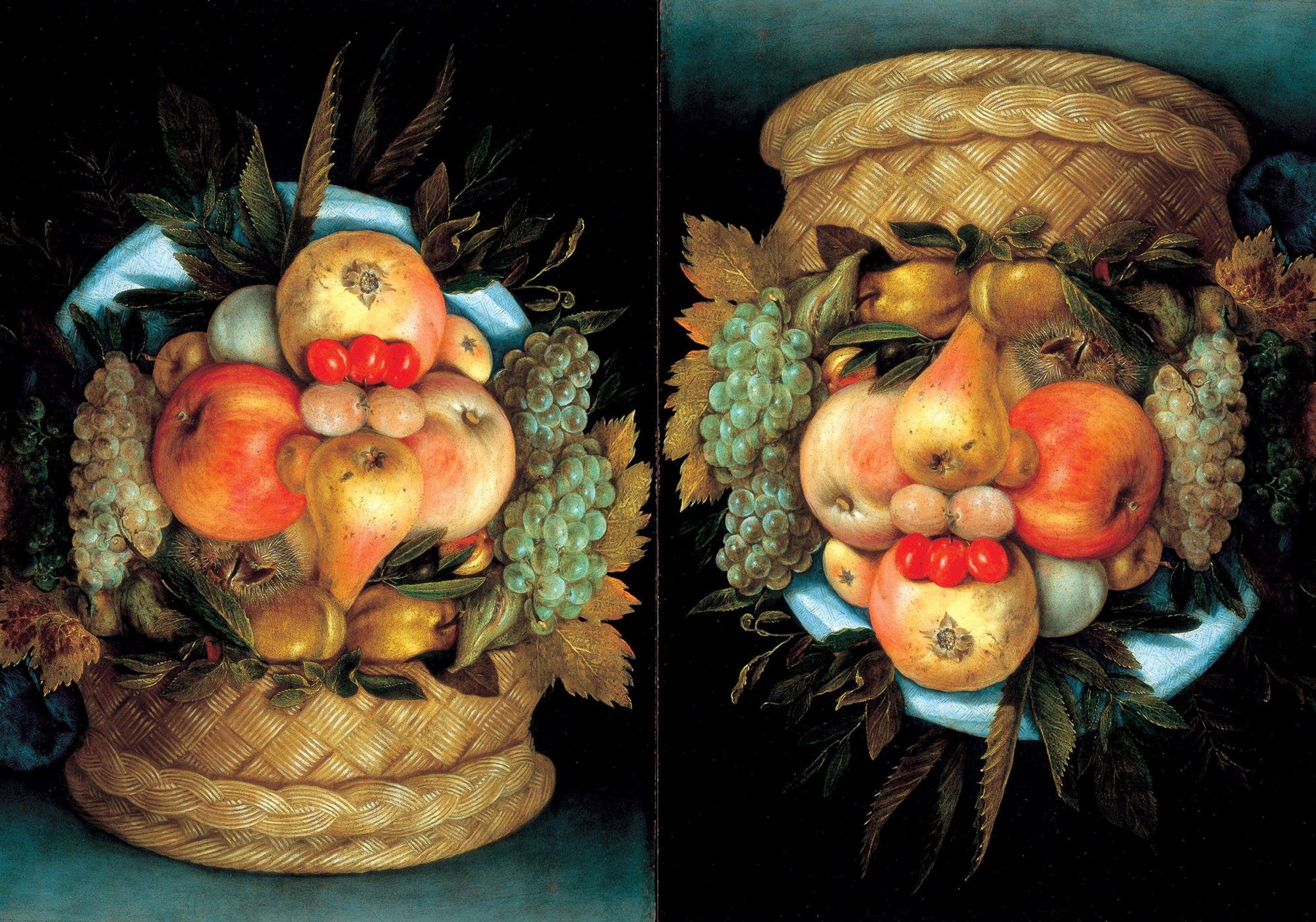 Giuseppe Arcimboldo. Il cesto di frutta, 1590 circa, pittura a olio su tavola, 56×42 cm, French & Company, New York