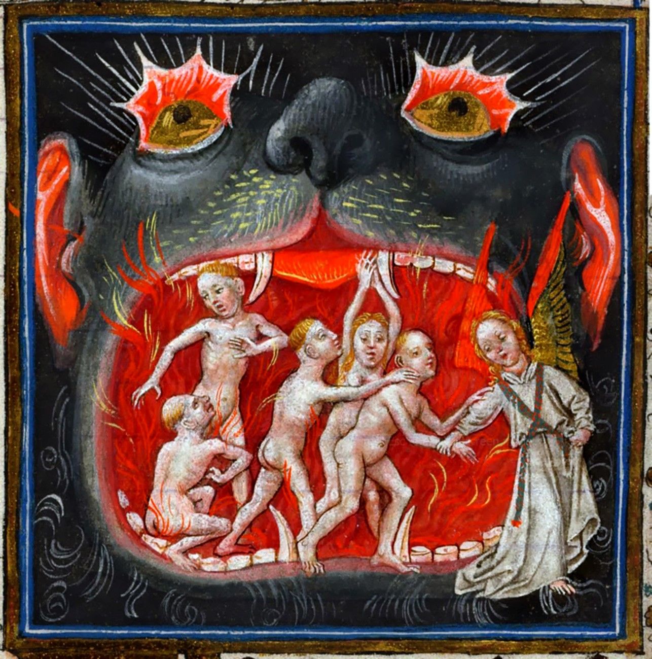 Maestro di Caterina di Cleves (att. 1400-1450), Liberazione delle anime dalla bocca dell'inferno particolare. Manoscritto M.917/945, Libro d'Ore di Caterina di Cleves, f. 107r 7 x 5 x 130 mm, 1440 ca. Paesi Bassi (Utrecht). The Pierpont Morgan Library - New York