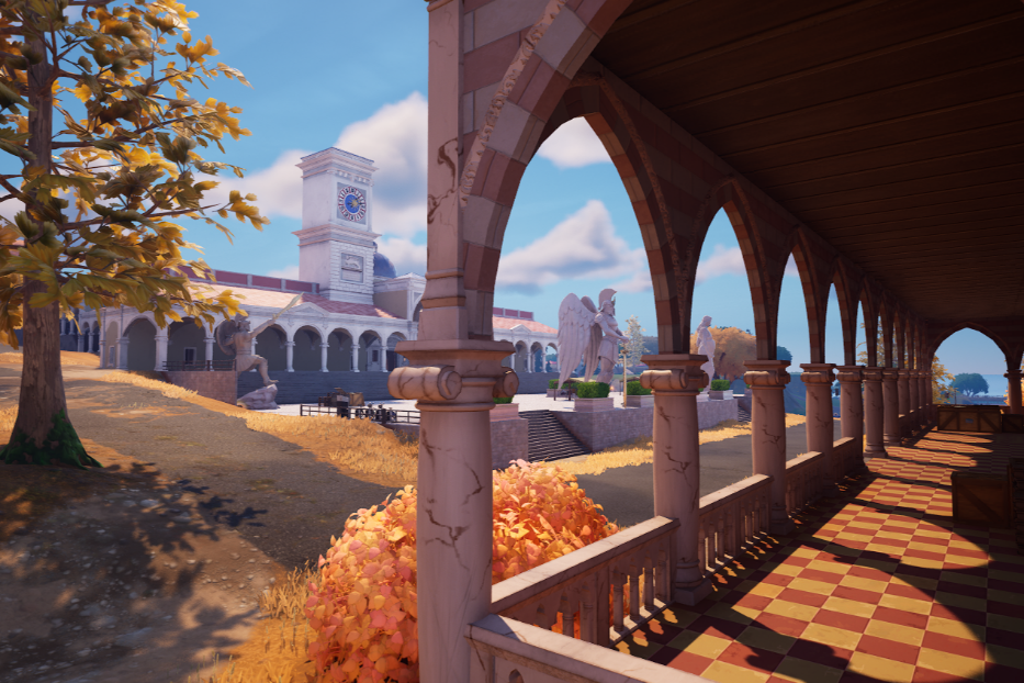 La Loggia di San Giovanni e la Torre dell’Orologio in Piazza Libertà a Udine, nella grafica di Fortnite - PromoFvg