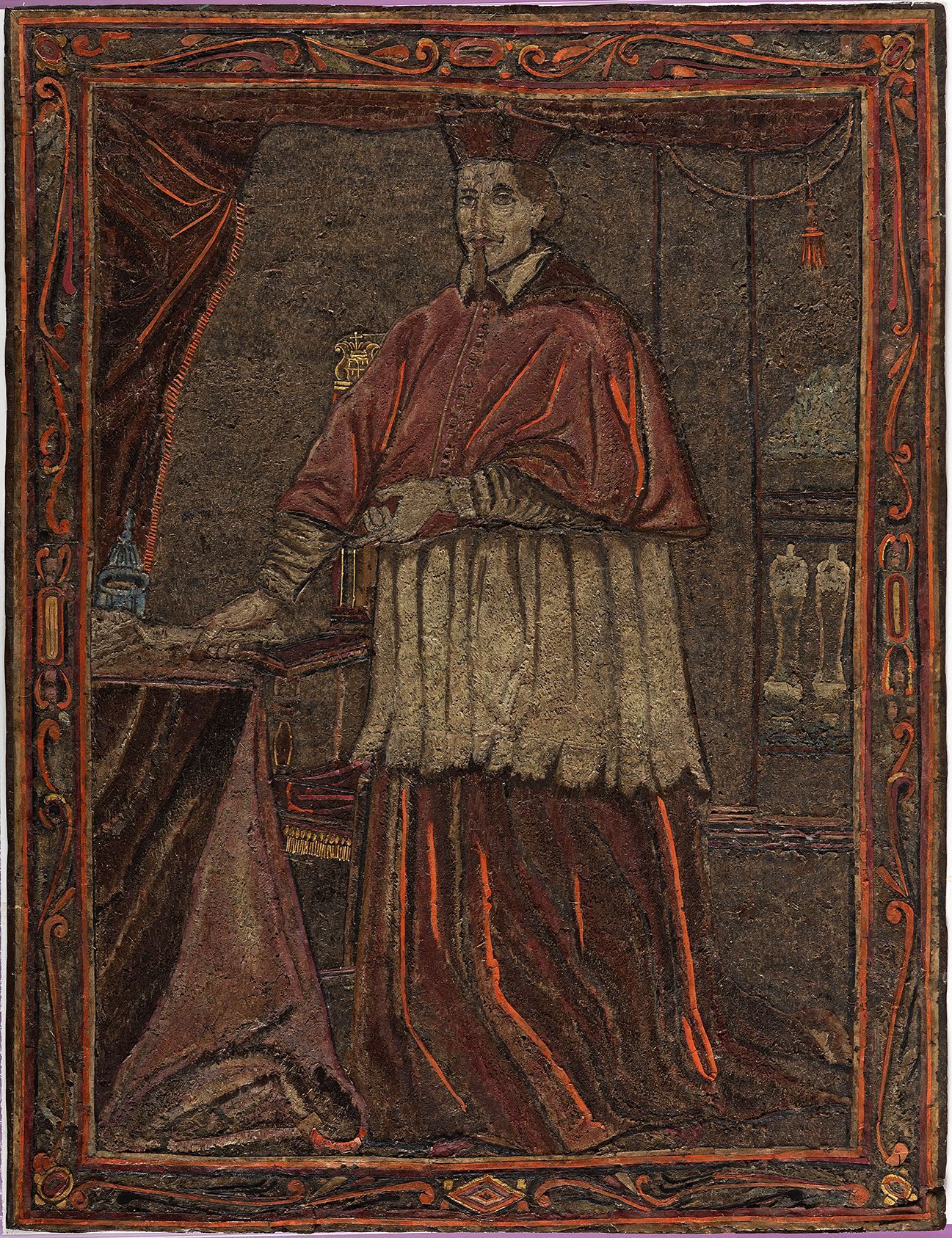 Il mosaico composto da piume raffigurante il cardinale Giulio Rospigliosi