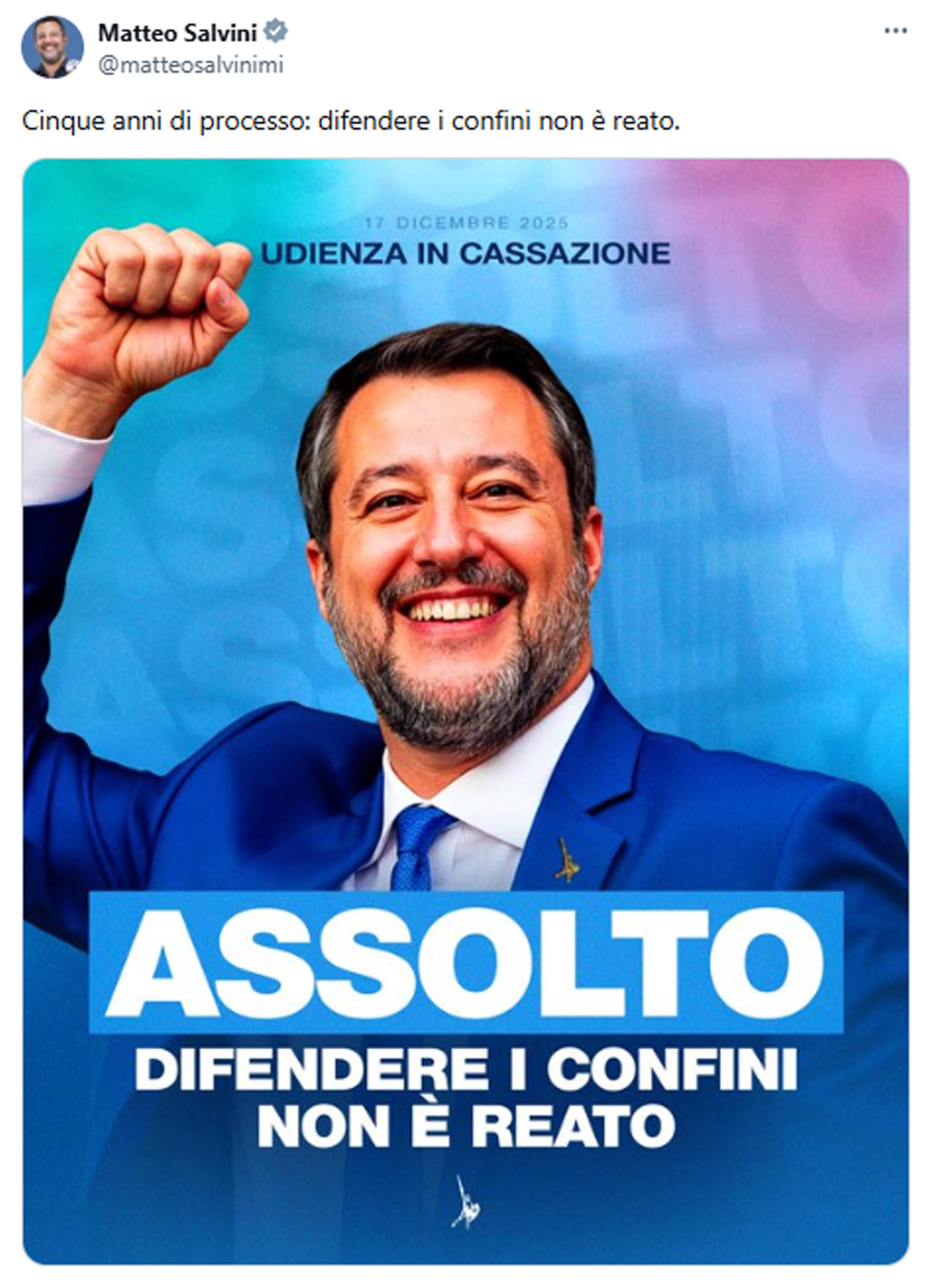 Il ministro dei Trasporti e leader della Lega Matteo Salvini esulta su X dopo la sentenza di assoluzione nel processo Open Arms