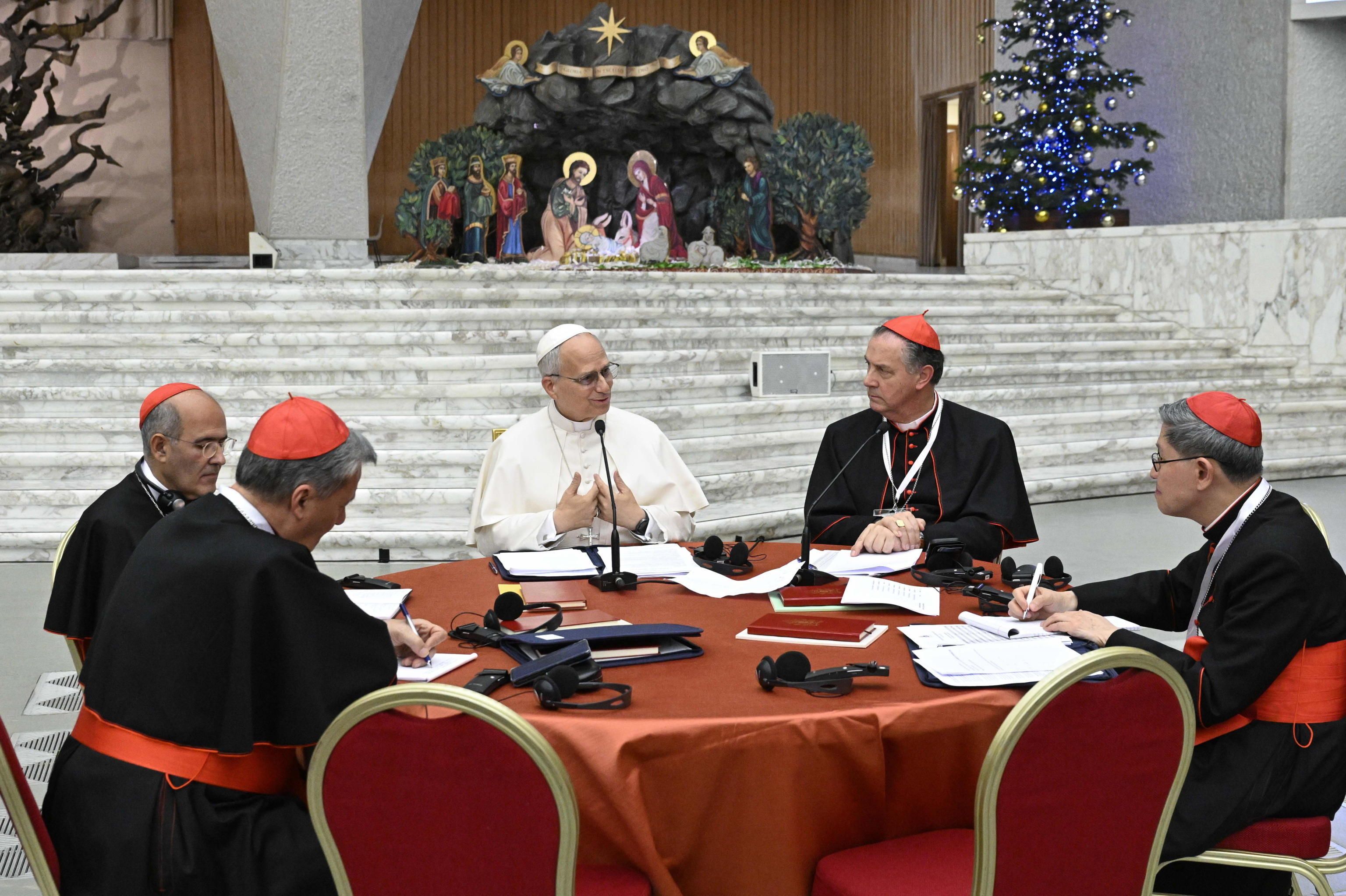 Papa Leone XIV durante i lavori di gruppo ieri al Concistoro nell'Aula Paolo VI /VATICAN MEDIA