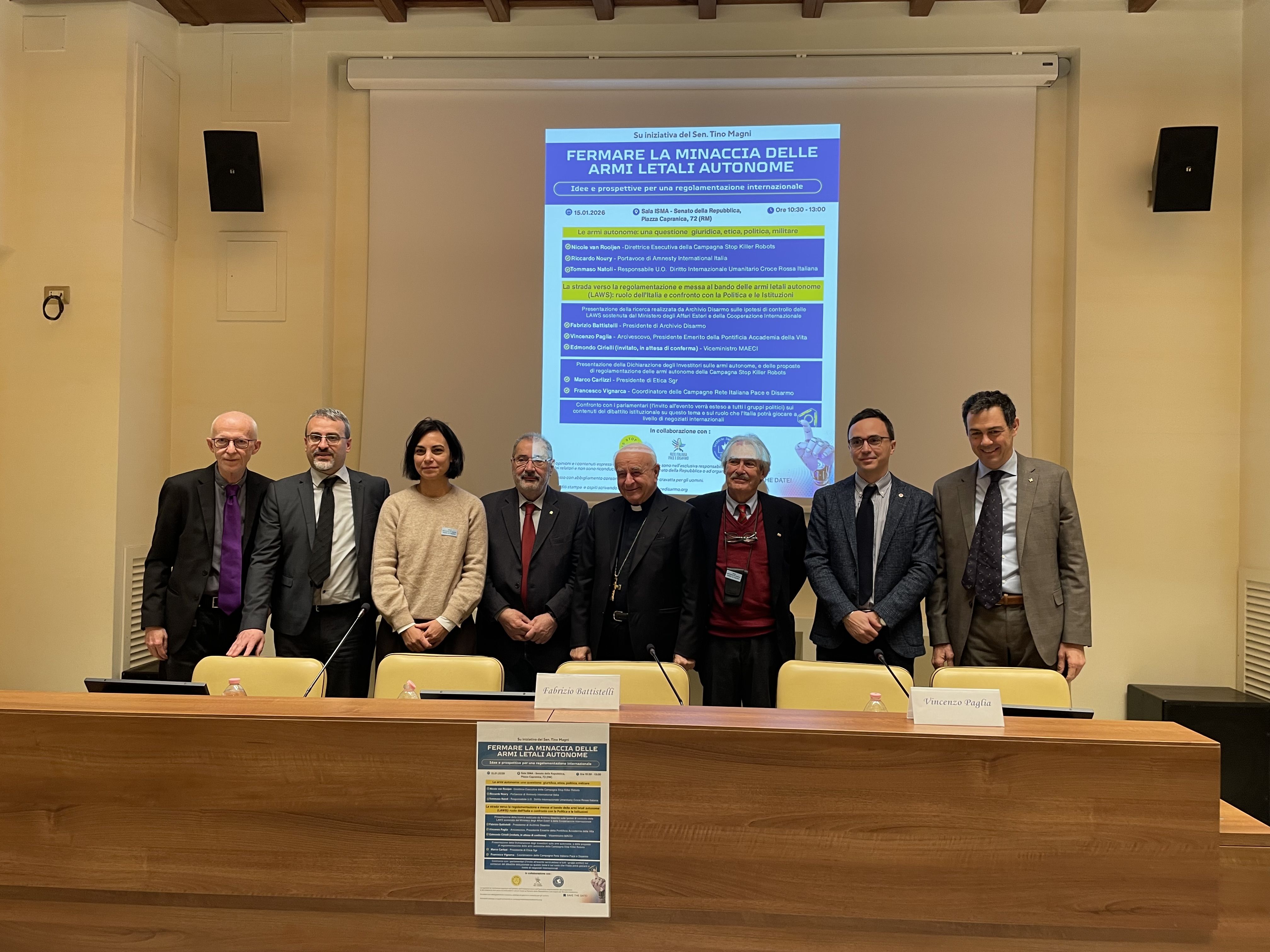 I relatori dell'incontro “Fermare la minaccia delle armi letali autonome: idee e prospettive per una regolamentazione internazionale” /Muolo