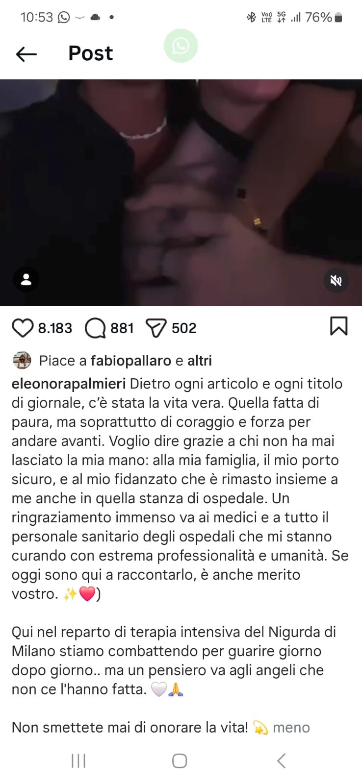 Il post pubblicato da Eleonora Palmieri sui social