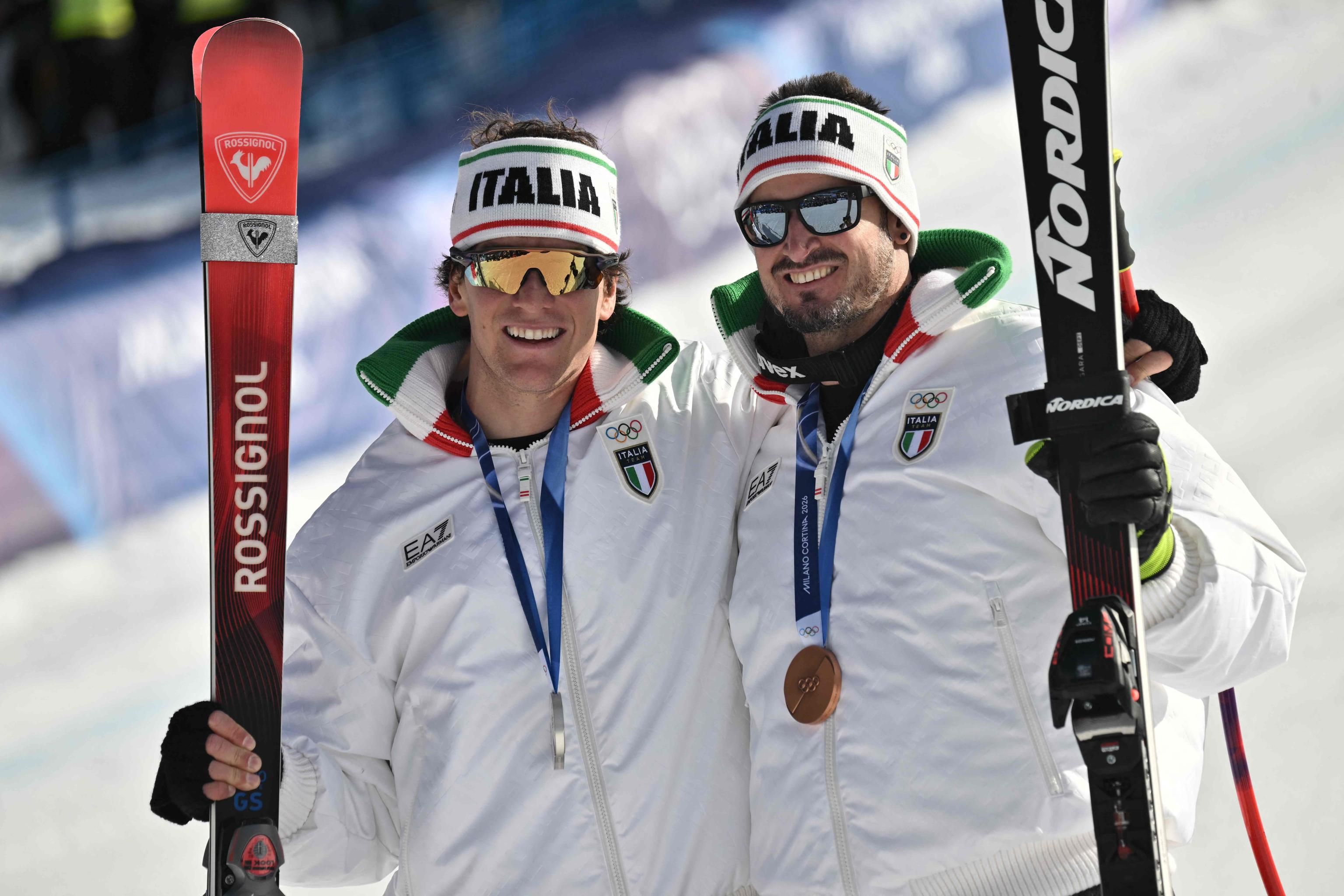 Giovanni Franzoni e Dominik Paris, argento e bronzo nella discesa libera olimpica sulla pista Stelvio di Bormio / Afp Jeff Pachoud