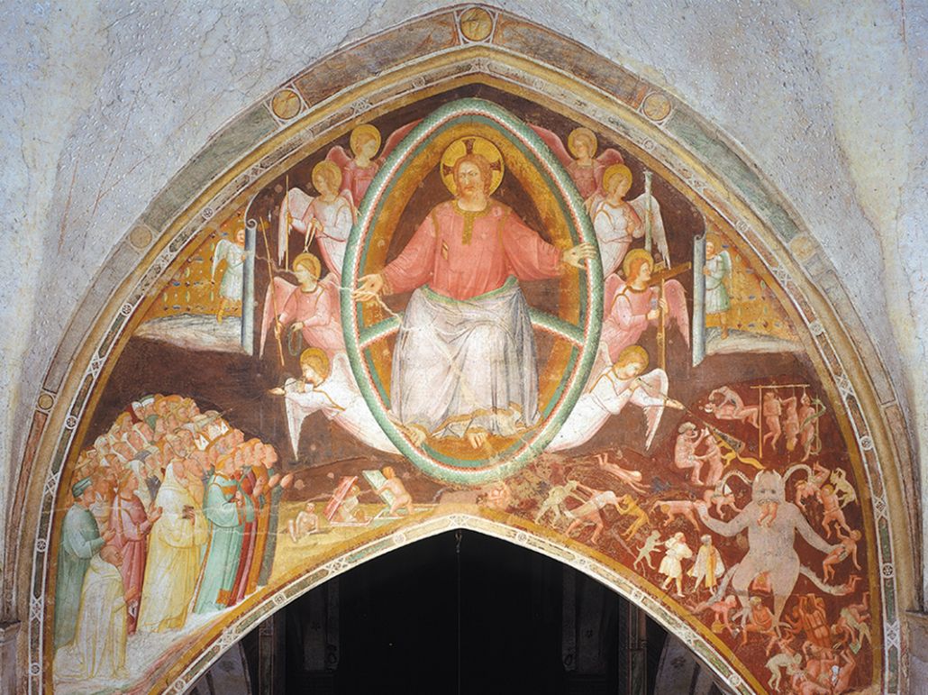 Il Giudizio Universale della chiesa dell'abbazia di Viboldone. Molti elementi stilistici accomunano il Maestro del 1349 con Giusto de’ Menabuoi, cui gli studiosi unanimemente assegnano l’esecuzione della grande scena, scoperta nel 1898 e restaurata più volte / foto viboldone.com