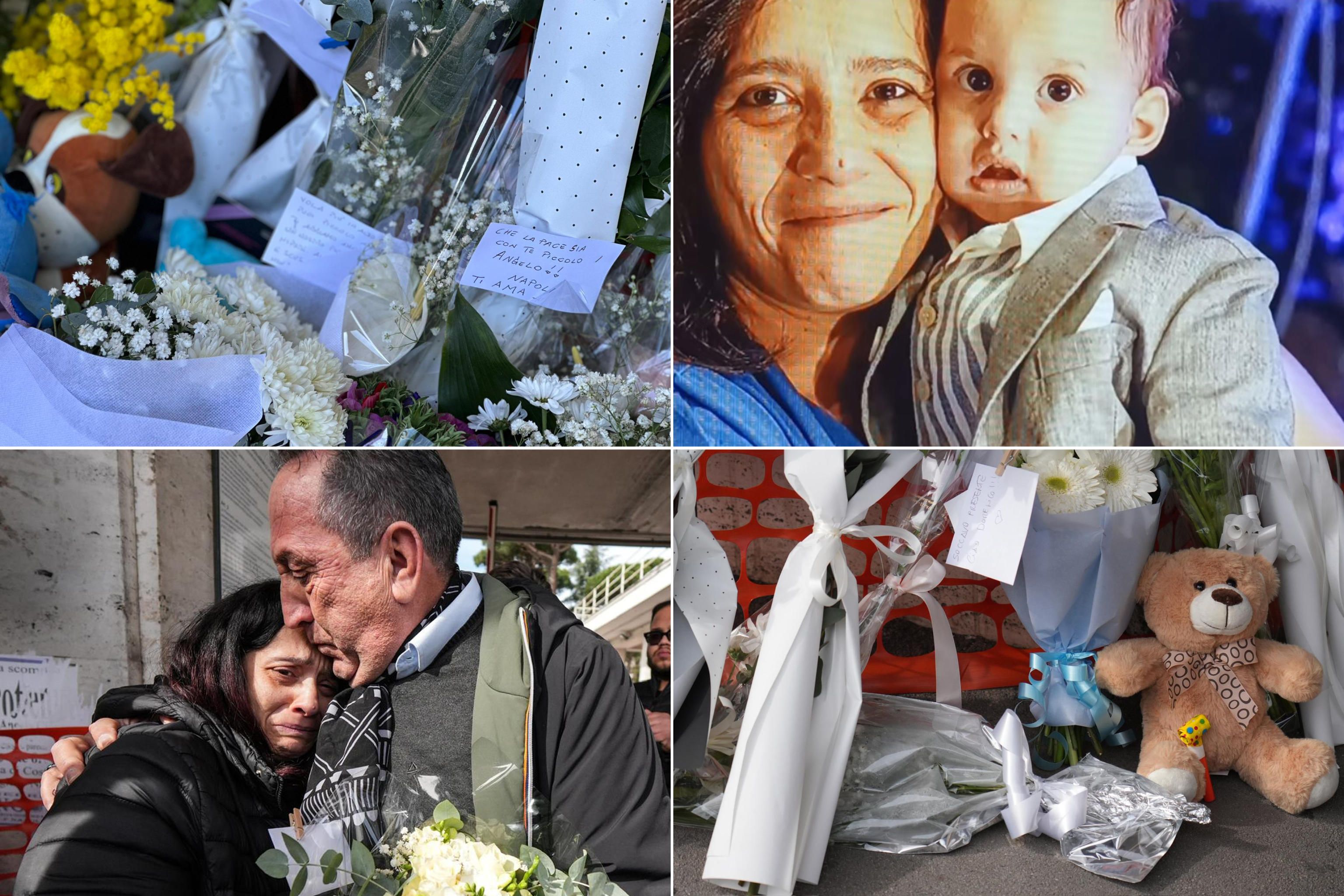 Nella combo in alto a sinistra una foto dei fiori lasciati per Domenico dai cittadini all'ingresso dell'ospedale Monaldi e una foto della madre Patrizia insieme al bambino, tratta dal profilo TikTok di Patrizia Mercolino. In basso a sinistrala mmma Patrizia fuori dal Monaldi con Francesco Ruggiero consigliere VIII Municipalità di Napoli e i fiori e i peluche per il piccolo, 21 FEBBRAIO 2026. ANSA/CESARE ABBATE/TIKTOK 