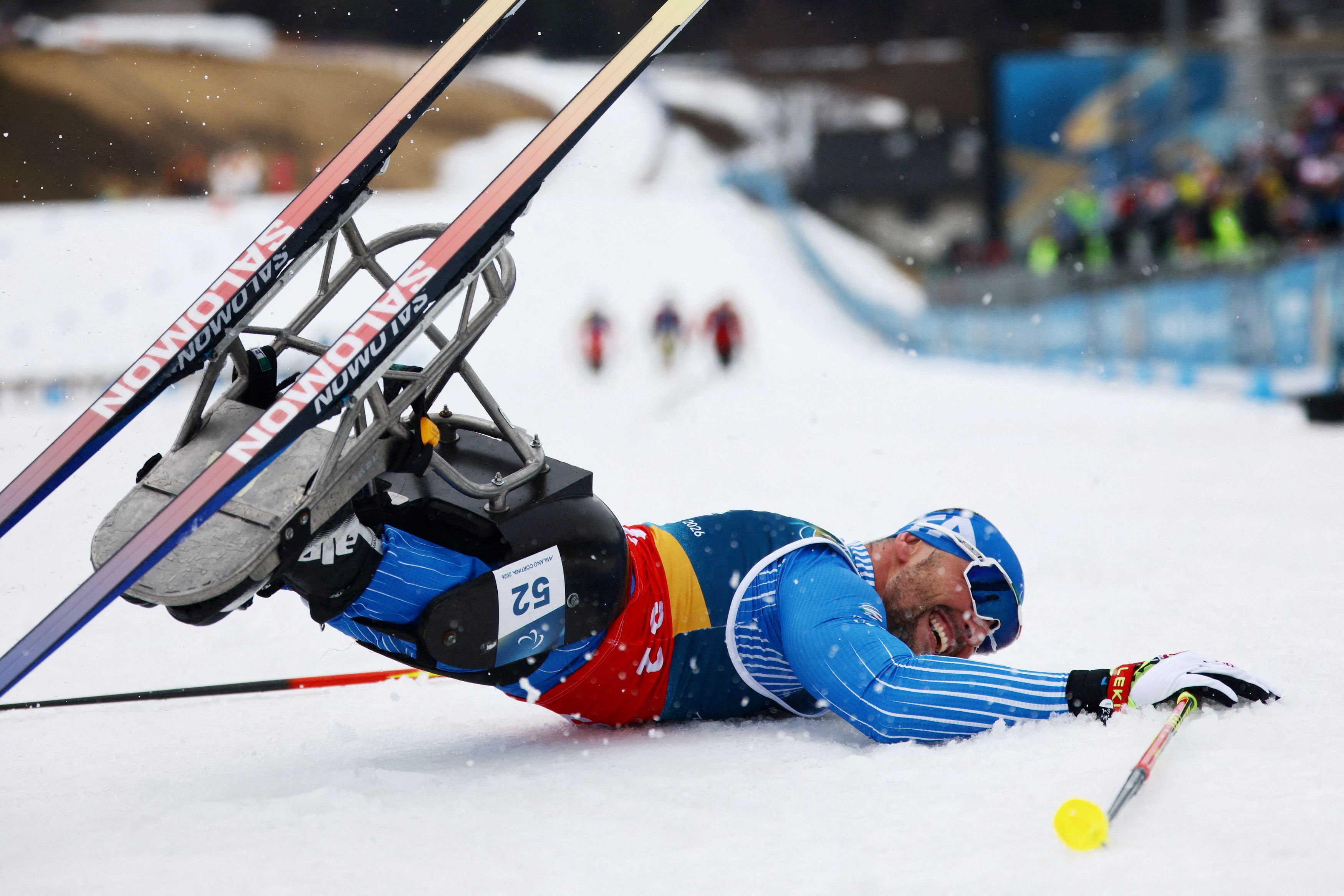 L'esultanza di Giuseppe Romele al traguardo dopo aver conquistato la medaglia di bronzo nella 20 km / Reuters / Sarah Meyssonnier