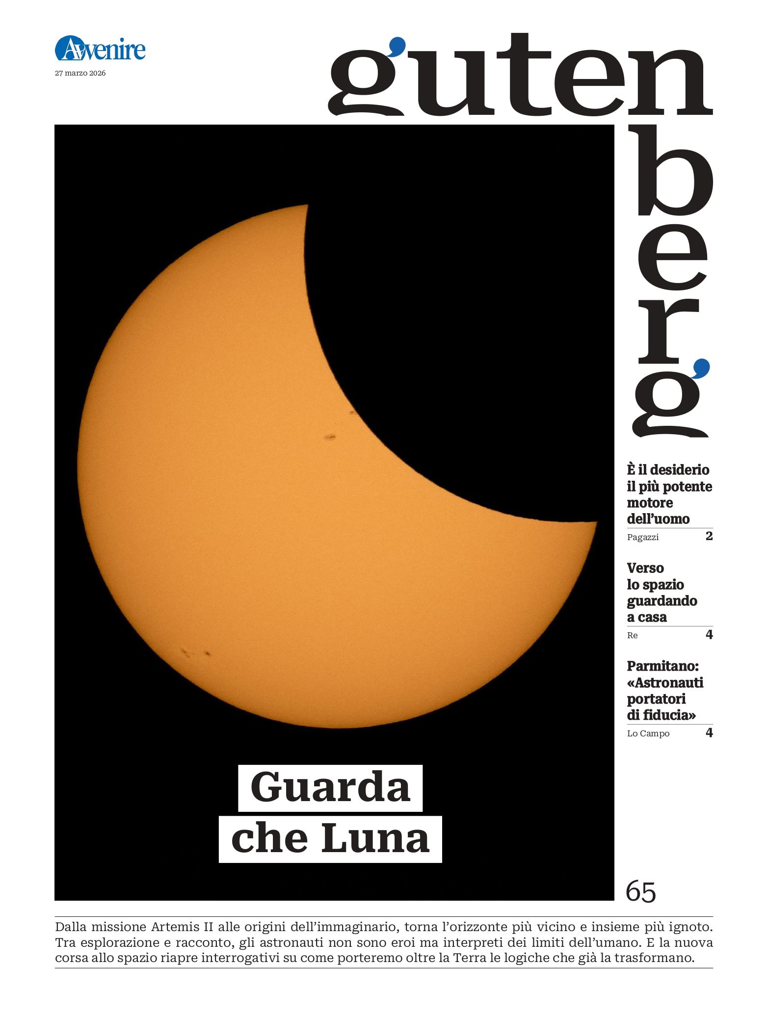 La copertina di Gutenberg n. 65, 27 marzo 2026