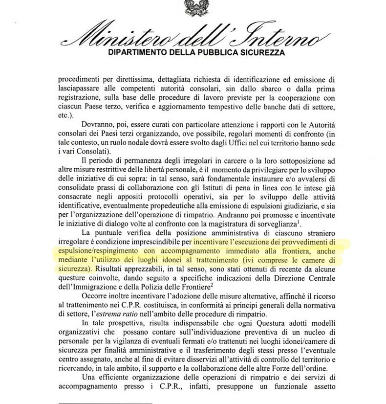 Una pagina della circolare del Viminale che incentiva al ricorso ai luoghi idonei