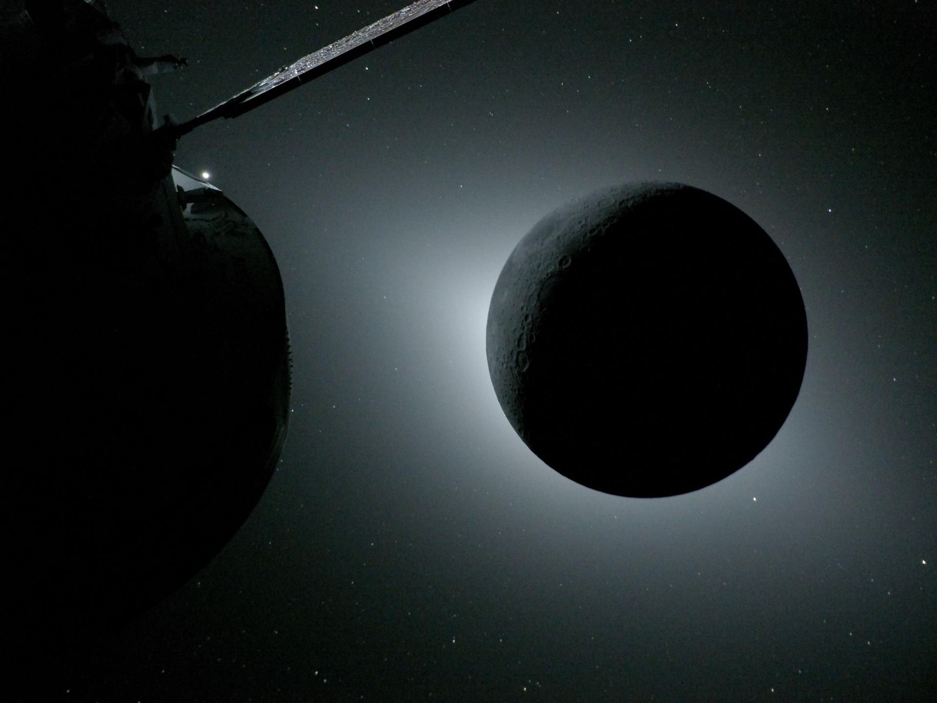 La Luna retroilluminata dal Sole durante un'eclissi solare durante la missione Artemis 2 /Nasa