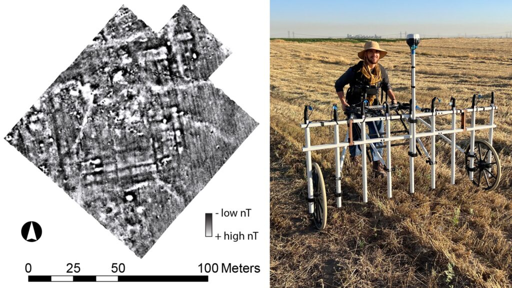  Un ricercatore mentre effettua un rilevamento della città bassa con un sistema di carrello magnetometrico Sensys Mxpda / Kurd Qaburstan Project