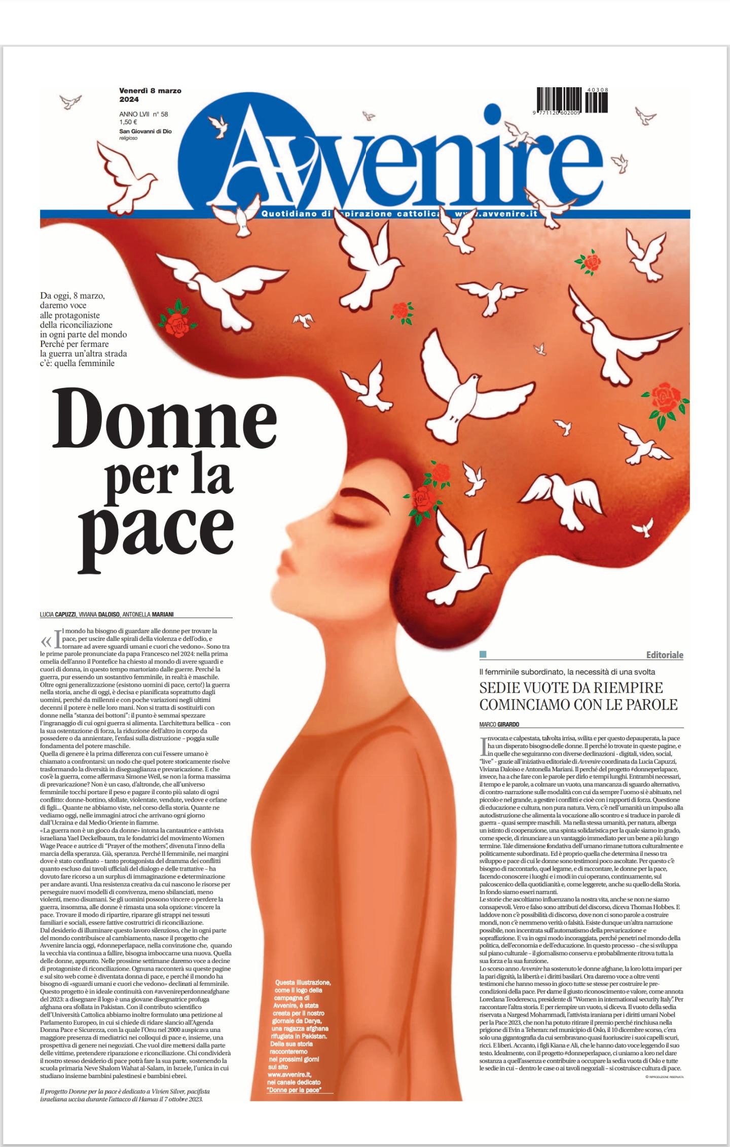 La copertina di Avvenire disegnata da Darya&nbsp;