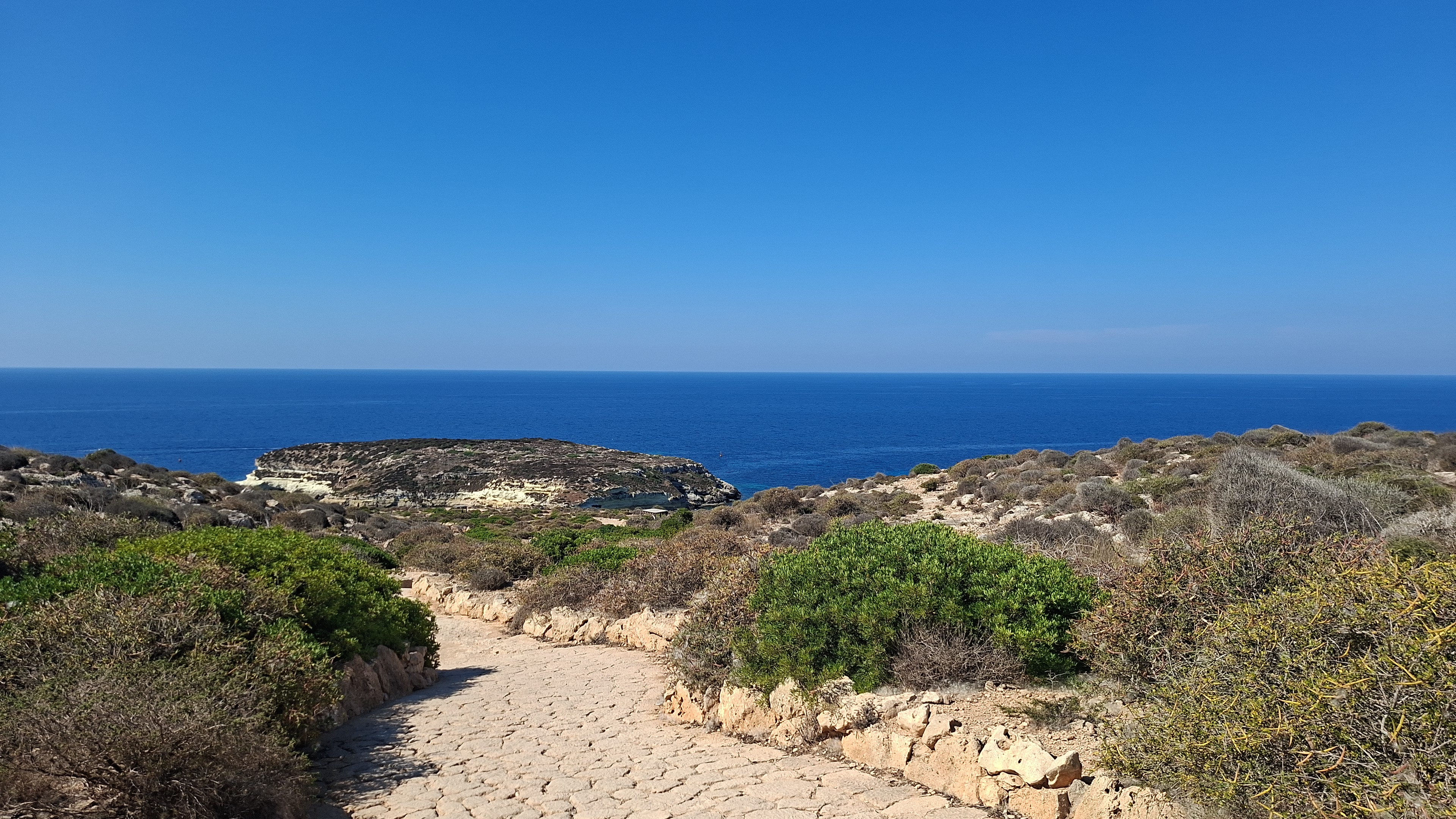 La macchia mediterranea di Lampedusa e all'orizzonte la rotta del Mediterraneo centrale dove passano i migranti per raggiungere l'Europa dalla Libia e dalla Tunisia&nbsp;
