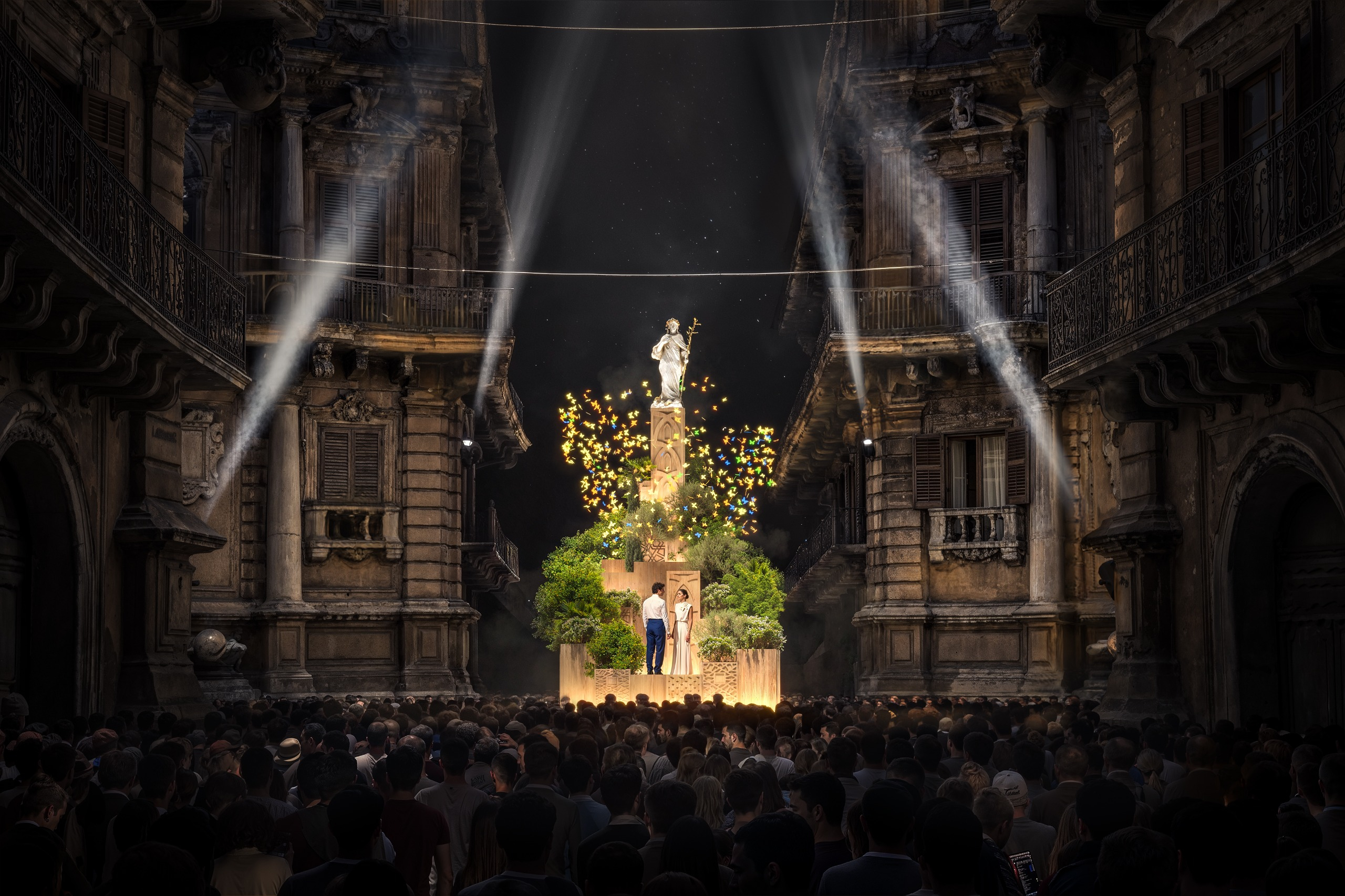 Il rendering del carro di Santa Rosalia disegnato per il 402° Festino di Palermo da Mario Cucinella Architects. Qui ai Quattro Canti di Palermo cuore del corteo e della città / Mca, visual by Emmeworks