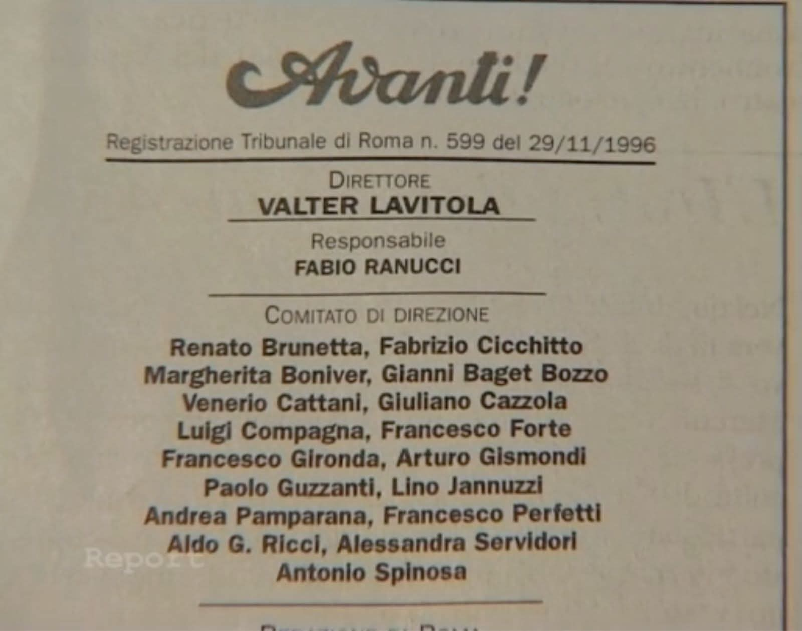 Il «colophon» del giornale Avanti! pubblicato da Sigfrido Ranucci sui suoi social