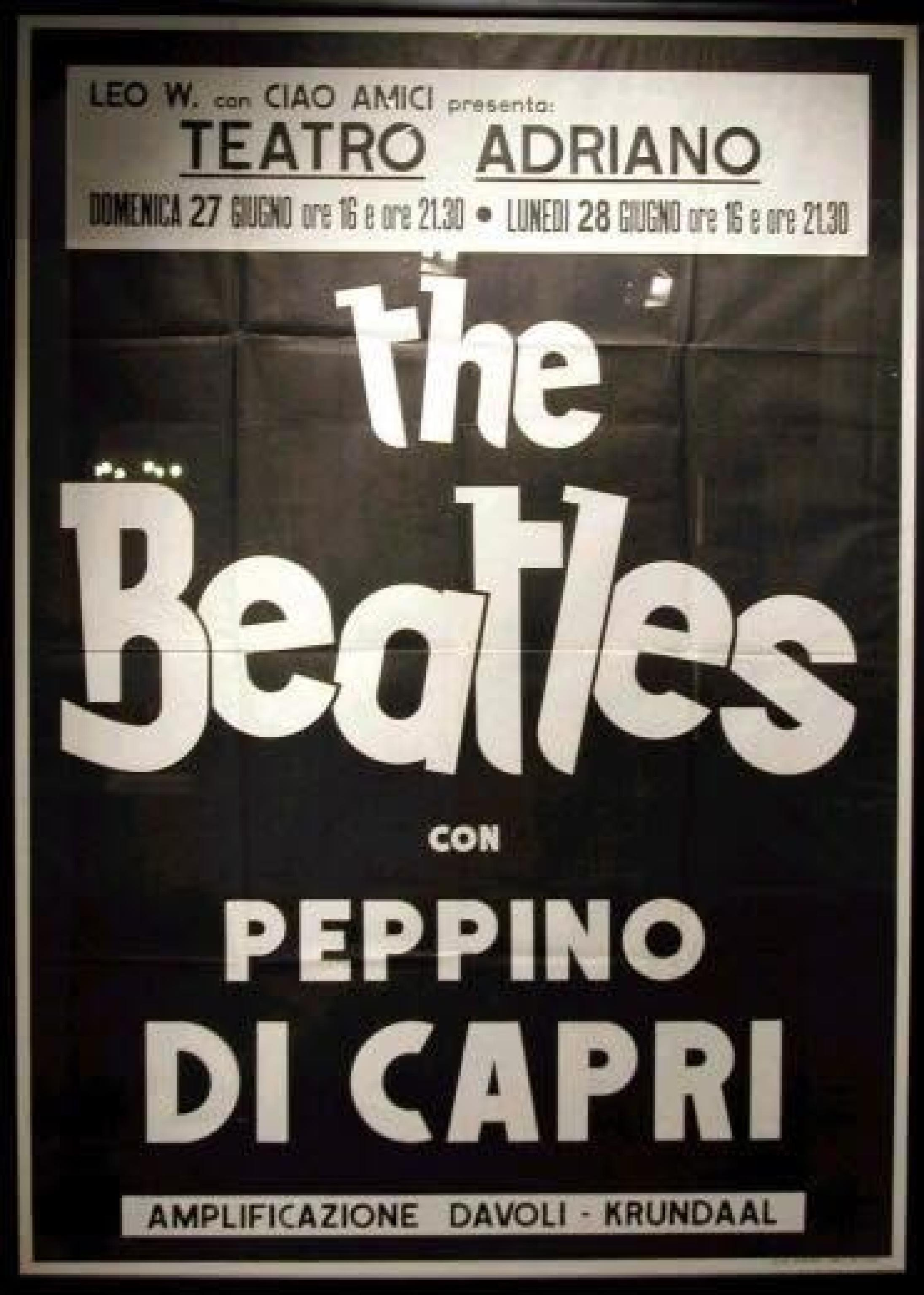 Una foto, postata da Peppino Di Capri sul suo profilo Facebook, mostra il manifesto promozionale per le date romane del tour italiano dei Beatles nel 1965. Di Capri ha suonato in apertura a tutti i concerti, dal velodromo Vigorelli a Milano fino al Palazzo dello Sport di Genova